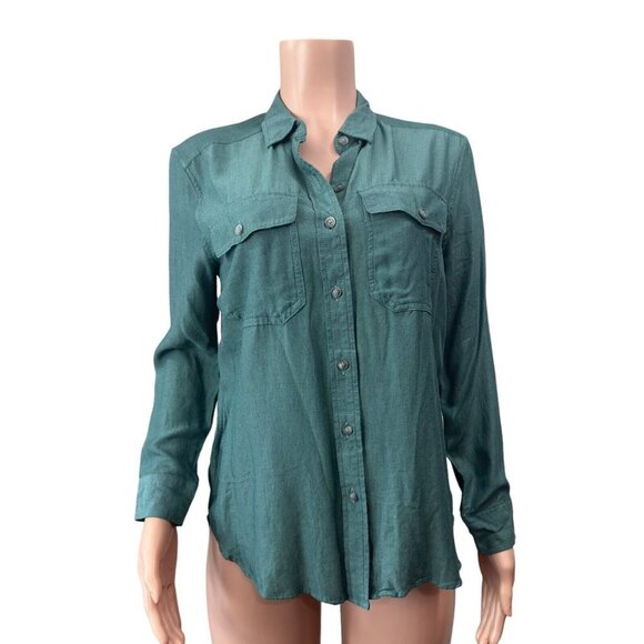 Eddie Bauer Women Petite PM Button Up Shirt Top Green Shaped Fit Business Casual - Picture 3 of 11